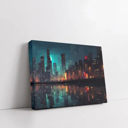 Pixel Art City Night Skyline Reflection