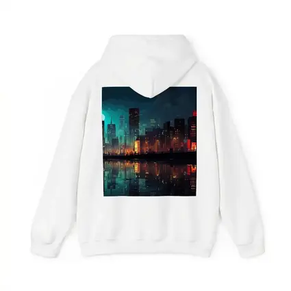 Pixel Art City Night Skyline Reflection