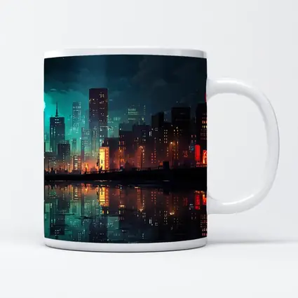 Pixel Art City Night Skyline Reflection