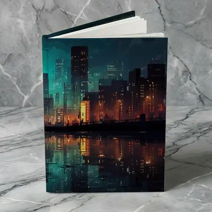 Pixel Art City Night Skyline Reflection