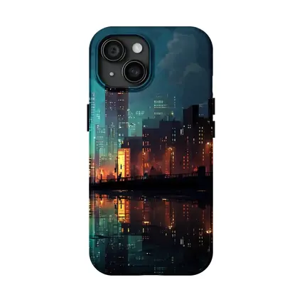Pixel Art City Night Skyline Reflection