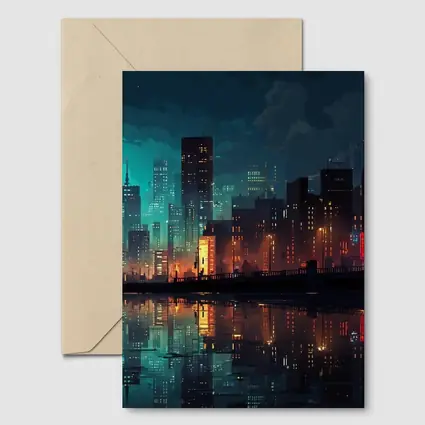 Pixel Art City Night Skyline Reflection