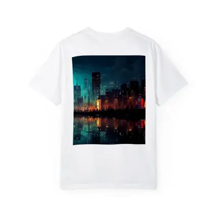 Pixel Art City Night Skyline Reflection