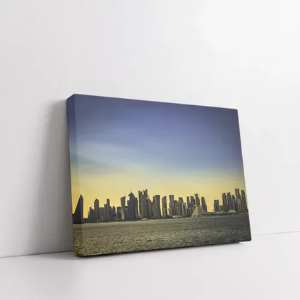Doha Qatar Skyline Over Golden Water