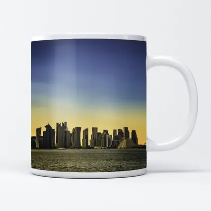 Doha Qatar Skyline Over Golden Water