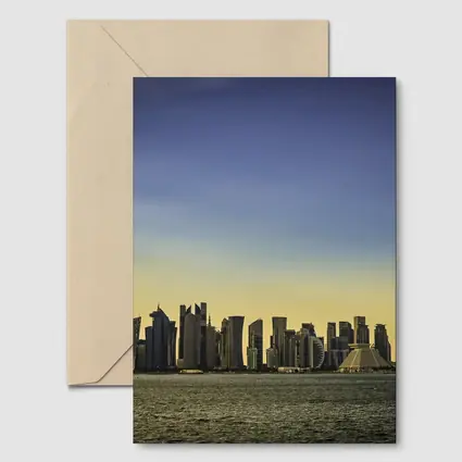 Doha Qatar Skyline Over Golden Water
