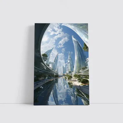 Futuristic City Glass Towers Blue Sky