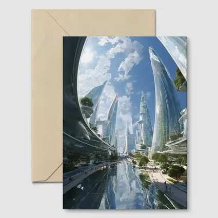 Futuristic City Glass Towers Blue Sky