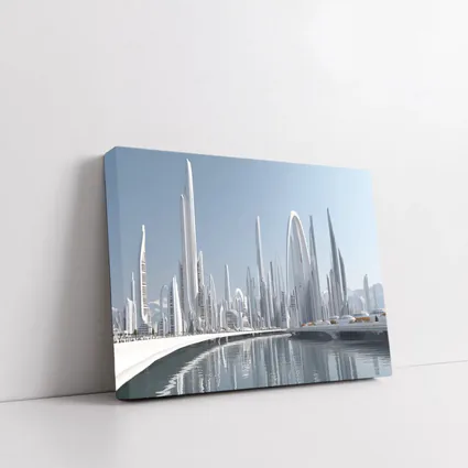 Futuristic White City Skyline Over Water