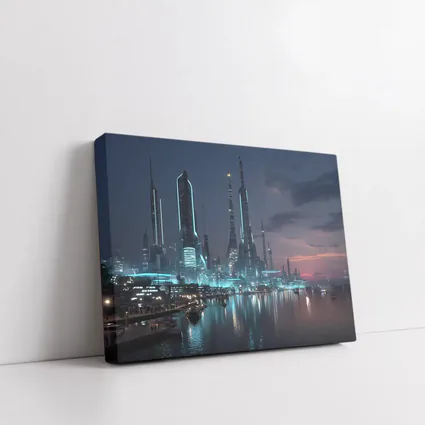 Futuristic City Skyline Glowing Waterfront Night