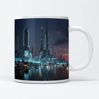 Futuristic City Skyline Glowing Waterfront Night
