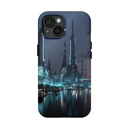 Futuristic City Skyline Glowing Waterfront Night