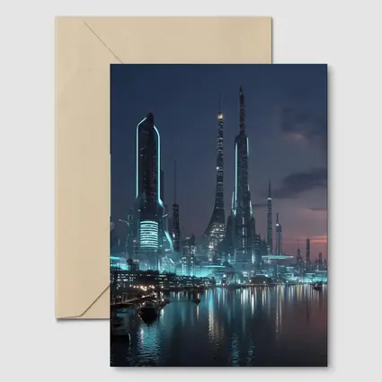 Futuristic City Skyline Glowing Waterfront Night