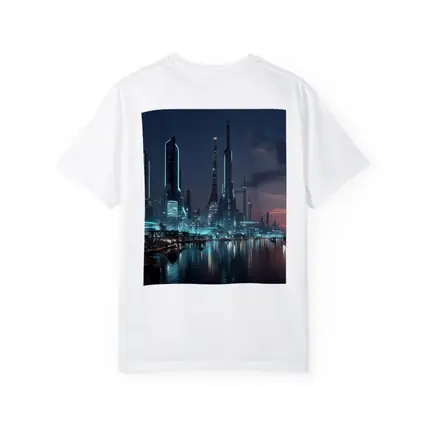 Futuristic City Skyline Glowing Waterfront Night