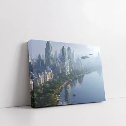 Futuristic City Skyline With Flying Spacecraft