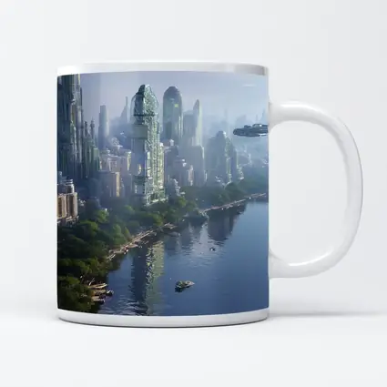 Futuristic City Skyline With Flying Spacecraft