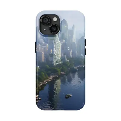 Futuristic City Skyline With Flying Spacecraft