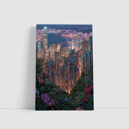 Hong Kong City Night Lights Floral View