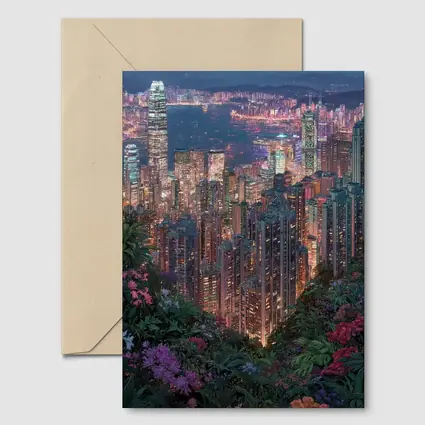Hong Kong City Night Lights Floral View
