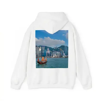 Hong Kong Harbor Skyline with Traditional Junk Boat
