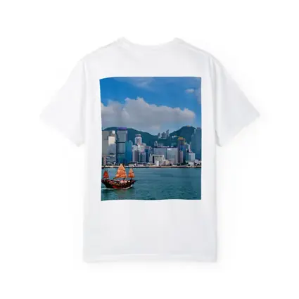 Hong Kong Harbor Skyline with Traditional Junk Boat