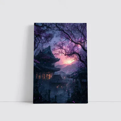 Japanese Temple Cherry Blossoms Purple Night Sky