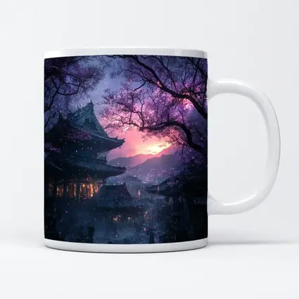 Japanese Temple Cherry Blossoms Purple Night Sky