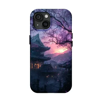 Japanese Temple Cherry Blossoms Purple Night Sky