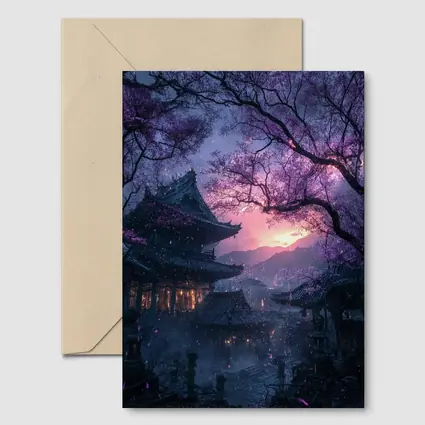 Japanese Temple Cherry Blossoms Purple Night Sky
