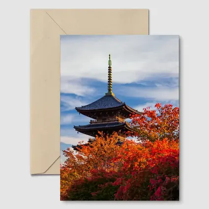 Japanese Pagoda Tower Autumn Red Foliage Sky