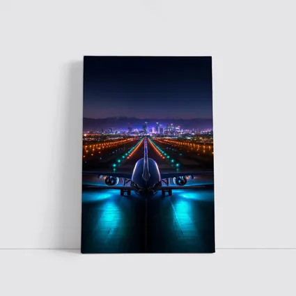 Airplane On Runway City Skyline Night