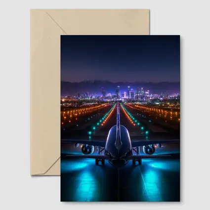 Airplane On Runway City Skyline Night