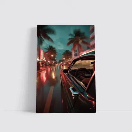 Classic Car Cruising Rainy Miami Night Street