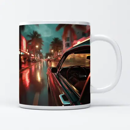 Classic Car Cruising Rainy Miami Night Street