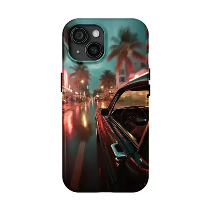Classic Car Cruising Rainy Miami Night Street