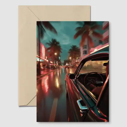 Classic Car Cruising Rainy Miami Night Street