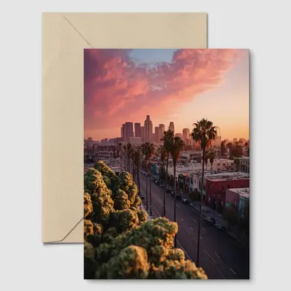 Los Angeles Downtown Skyline Sunset Palm Trees