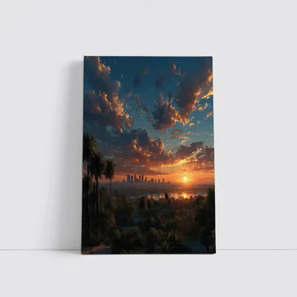Los Angeles Sunset Skyline Palm Trees View
