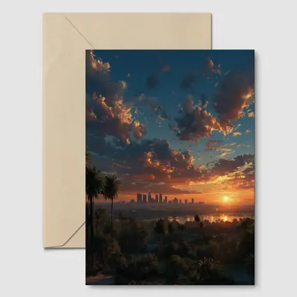 Los Angeles Sunset Skyline Palm Trees View