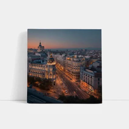 Madrid Gran Via Skyline At Dusk