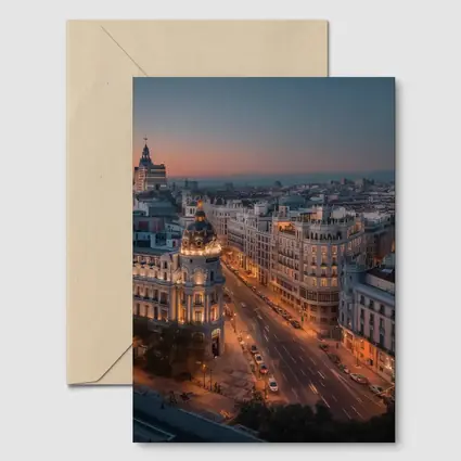 Madrid Gran Via Skyline At Dusk