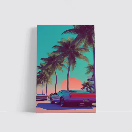 Retro Muscle Car Miami Palm Tree Sunset