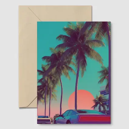 Retro Muscle Car Miami Palm Tree Sunset