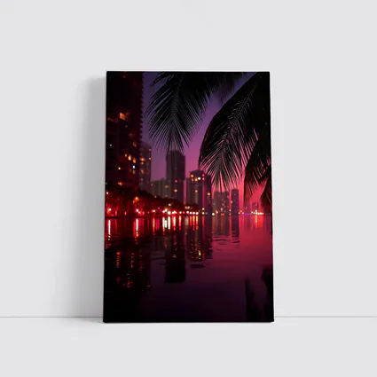 Miami Night Skyline Palm Trees Water Reflection
