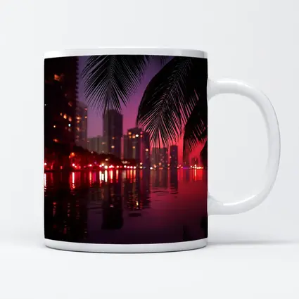 Miami Night Skyline Palm Trees Water Reflection