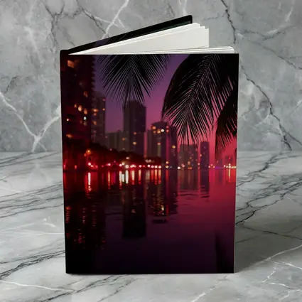 Miami Night Skyline Palm Trees Water Reflection