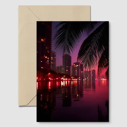 Miami Night Skyline Palm Trees Water Reflection