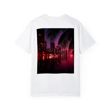 Miami Night Skyline Palm Trees Water Reflection