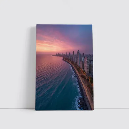 Coastal City Skyline at Pink Sunset