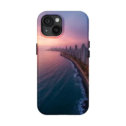 Coastal City Skyline at Pink Sunset
